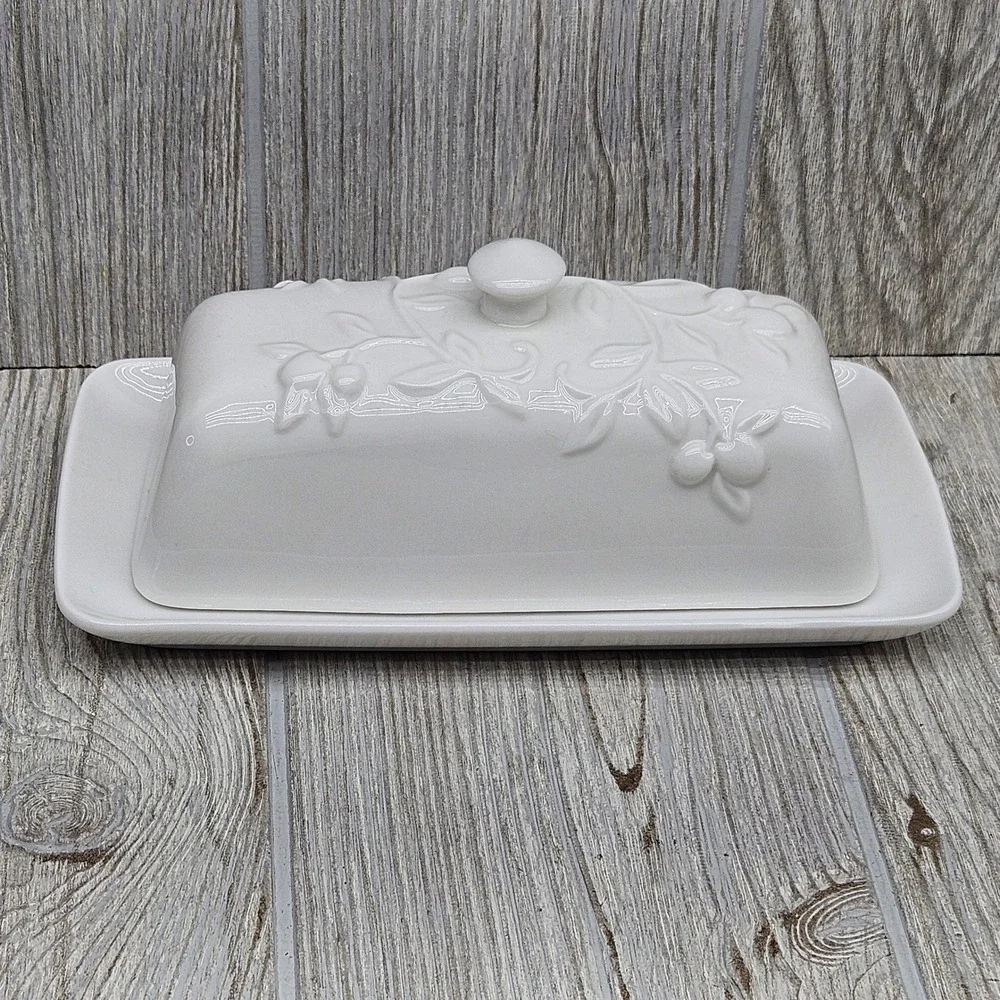Maison Neuve White Ceramic Butter Dish Embossed Olive Branch Farmhouse 2-Piece